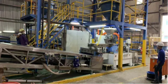 Powder coating extrusion line with twin-screw extruder, automatic feeding system and cooling conveyor, operated by factory workers in an industrial production environment