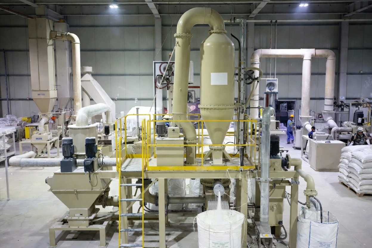 ACM air classifier mill showing airflow, rotating classifier blades