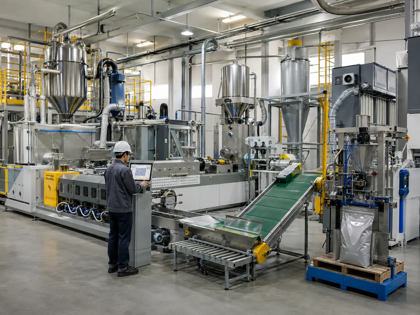 powder coating production line with automated equipment in modern factory workshop