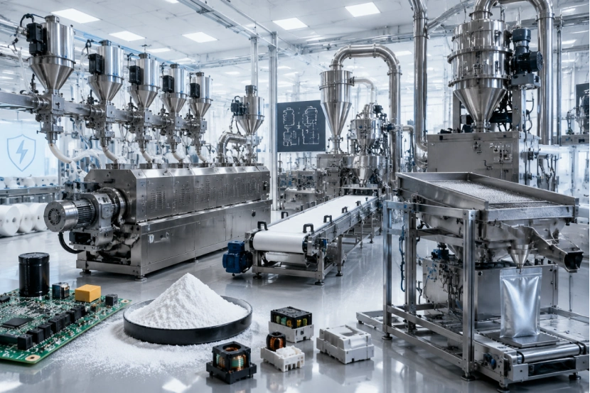 Clean electronic-grade insulating powder coating production line with precision feeding, twin screw extrusion, milling, screening, and contamination control equipment