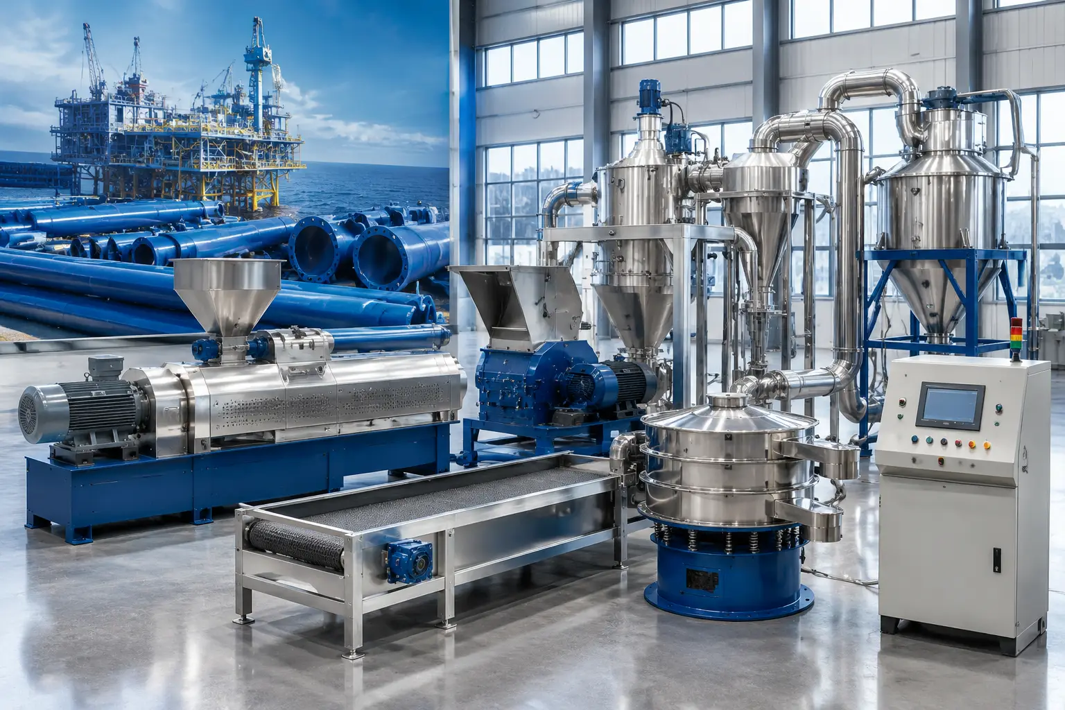Modern anti-corrosion powder coating production line with twin screw extruder, cooling belt, ACM grinding system, dust collector, and coated steel pipes in a clean industrial factory