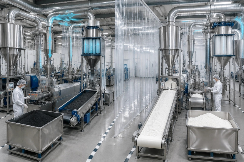 Modern powder coating production line with clean stainless steel equipment