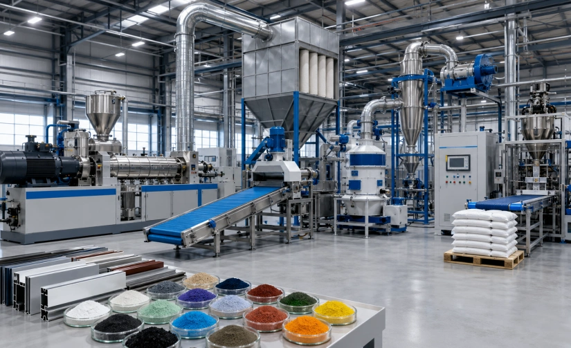 Modern powder coating production line with mixer, twin-screw extruder, cooling belt, grinding mill
