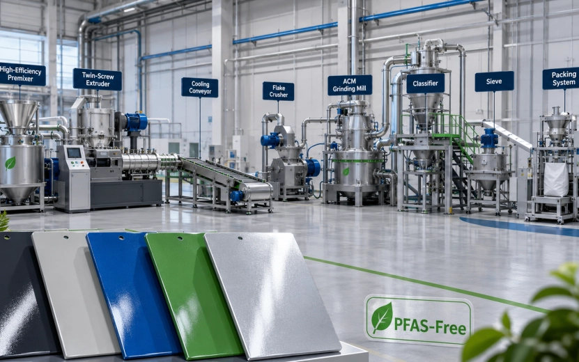 PFAS-free powder coating production line with mixing, extrusion, cooling, grinding, classification
