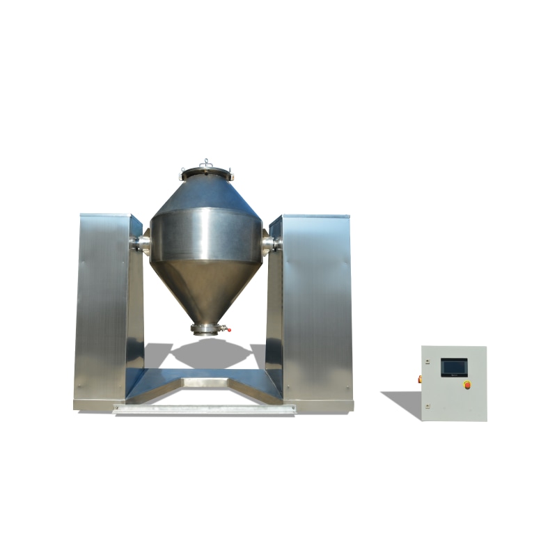 MPMtek powder coating mixer with three blue powder samples showing pigment color variation